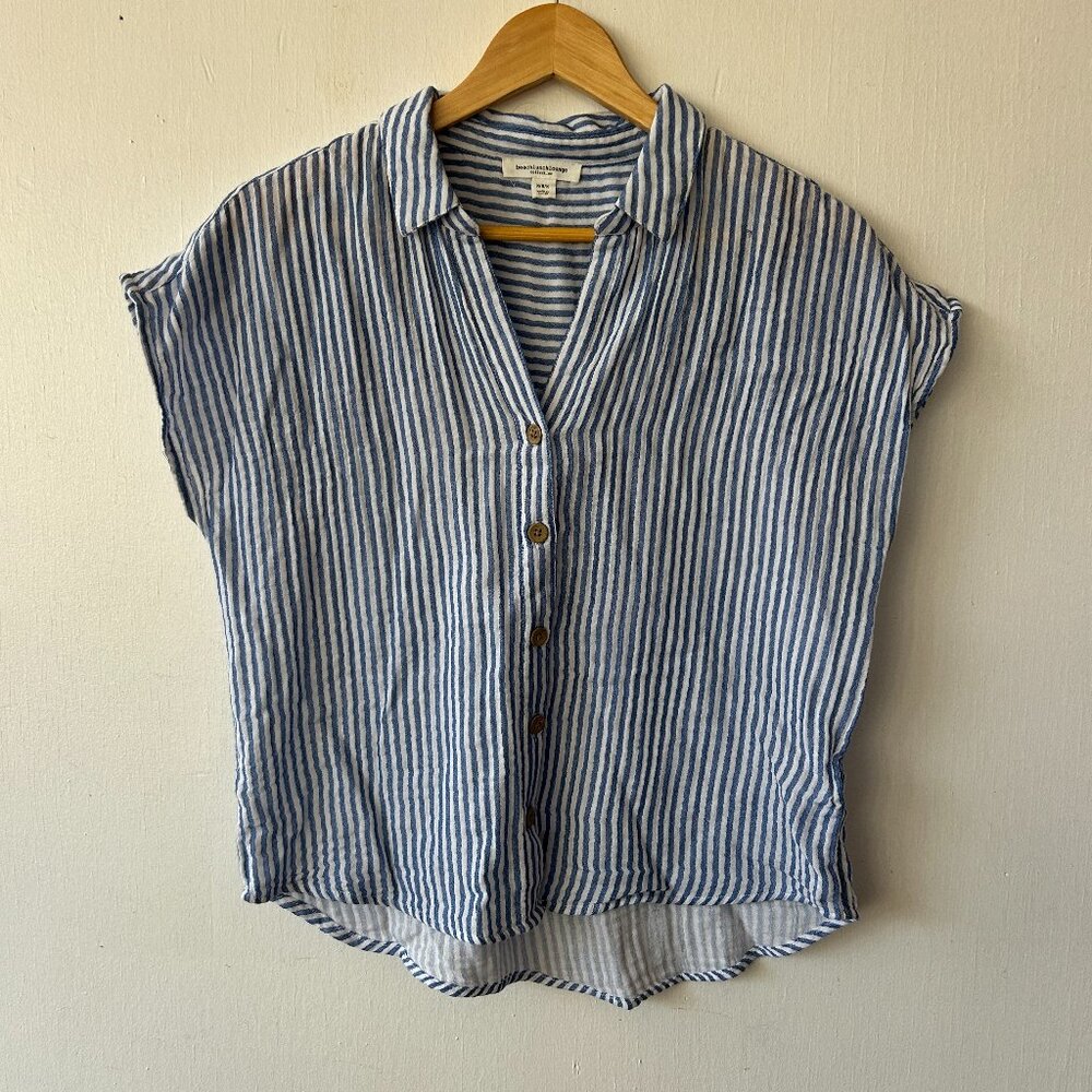 BeachLunchLounge Button Front Blouse Womens Medium Blue Striped Button Collared
